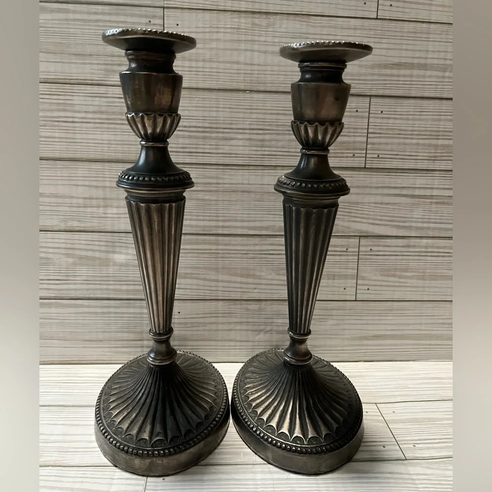 Vintage Weighted Pair of Neoclassical Pewter Candlesticks